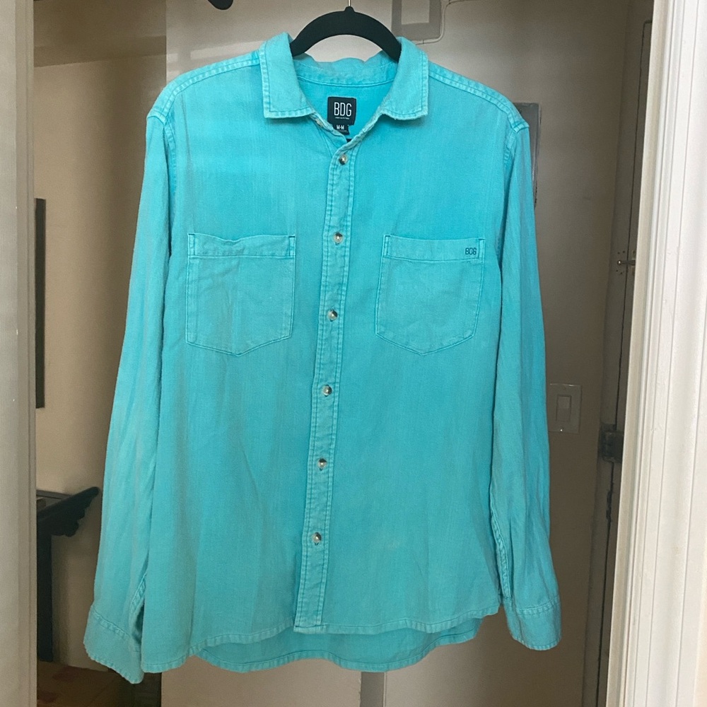 BDG Teal Washed Flannel Long Sleeve Button-Down Shirt Medium